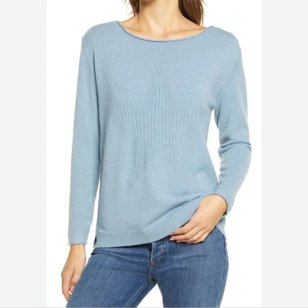 Wit & Wisdom dusty light blue soft knit crew neck sweater, star design NWT S